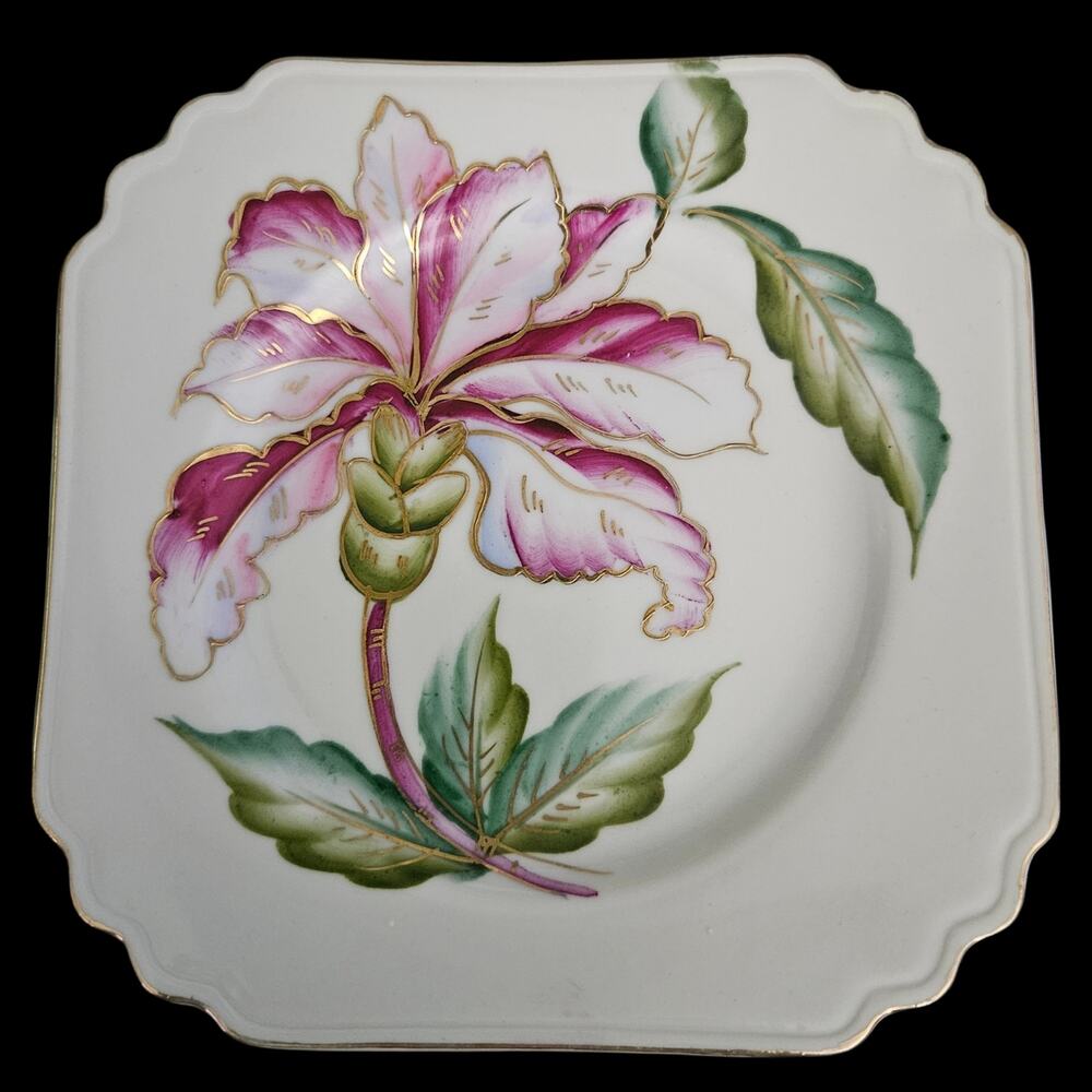 Royal Sealy Japan Hand Painted Floral Square Decorative Plate Gold Trim